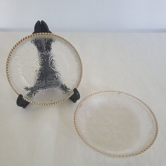 Jeannette Harp Depression Pressed Glass Coaster Trinket Dishes Gold Beaded Rim - Picture 2 of 15